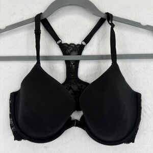 Victoria's Secret Lined Perfect Coverage Bra 34D‎ Black Lace Racerback READ